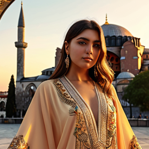 **Prompt:** A stylish Turkish influencer posing in front of the Hagia Sophia in Istanbul, wearing a trendy, flowing virtual kaftan with intricate Ottoman-inspired embroidery, golden hour lighting.