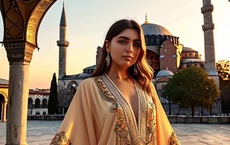 **Prompt:** A stylish Turkish influencer posing in front of the Hagia Sophia in Istanbul, wearing a trendy, flowing virtual kaftan with intricate Ottoman-inspired embroidery, golden hour lighting.